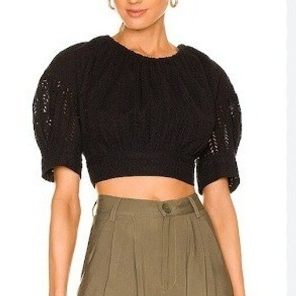 A.L.C. Becca Black Eyelet Cotton Blend Open Back Puff Sleeve Crop Top 4 Boho